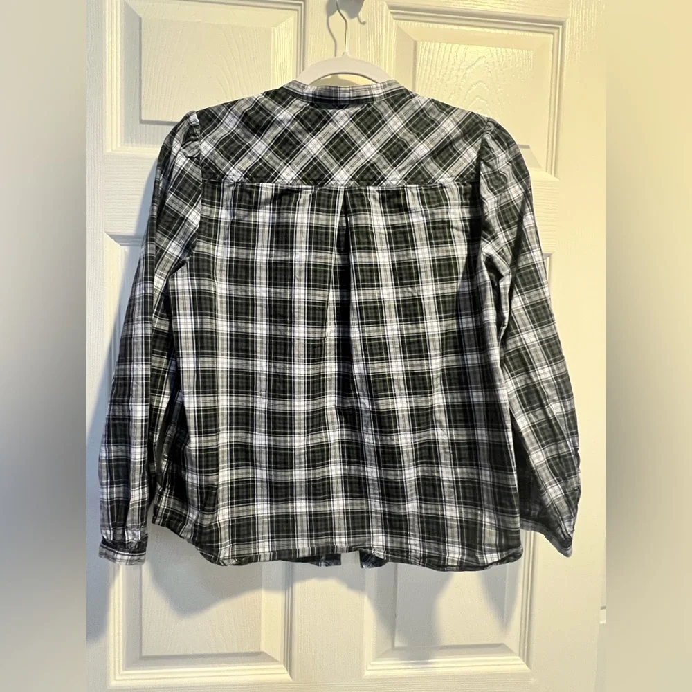 J Crew Dark Green Plaid Top 100% Cotton with Tiny Sequins Detail Size Small